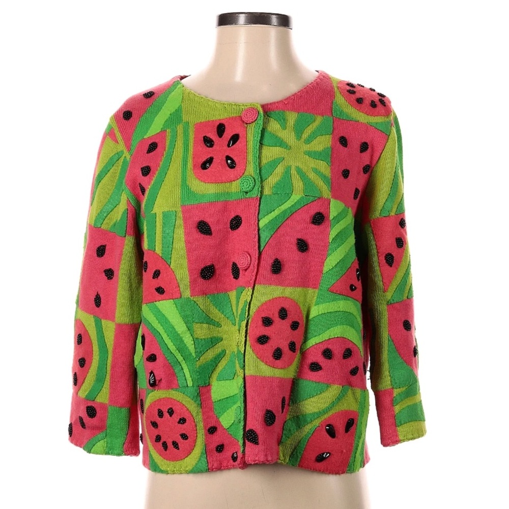 Michael Simon Watermelon Vintage 90s Beaded Embellished Pink & Green Cardigan